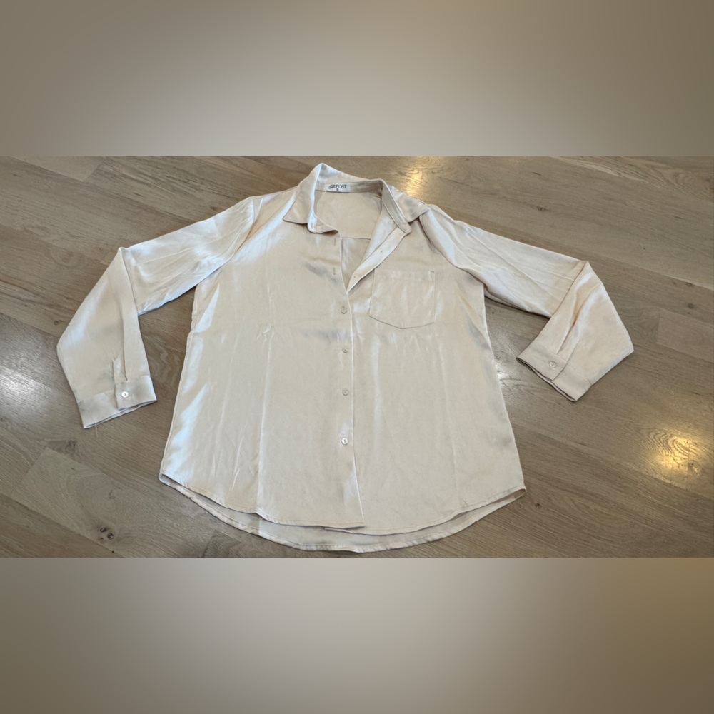The post long sleeve button down satin shirt cream size small
